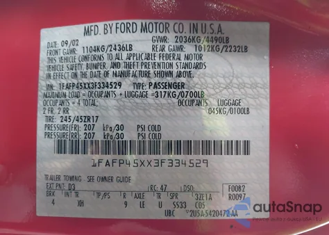 2003 Ford Mustang Gt z USA, uszkodzony, nr VIN 1FAFP45XX3F334529